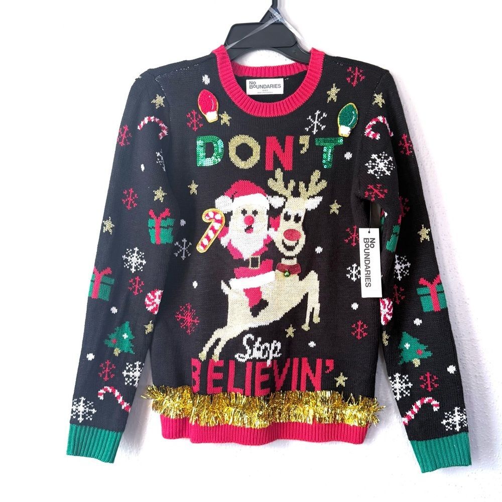 Sweater Women's Don't Stop Believin Ugly Christmas Santa Size XS Black Red